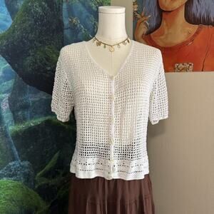 vintage white crochet button up cardigan top cottagecore